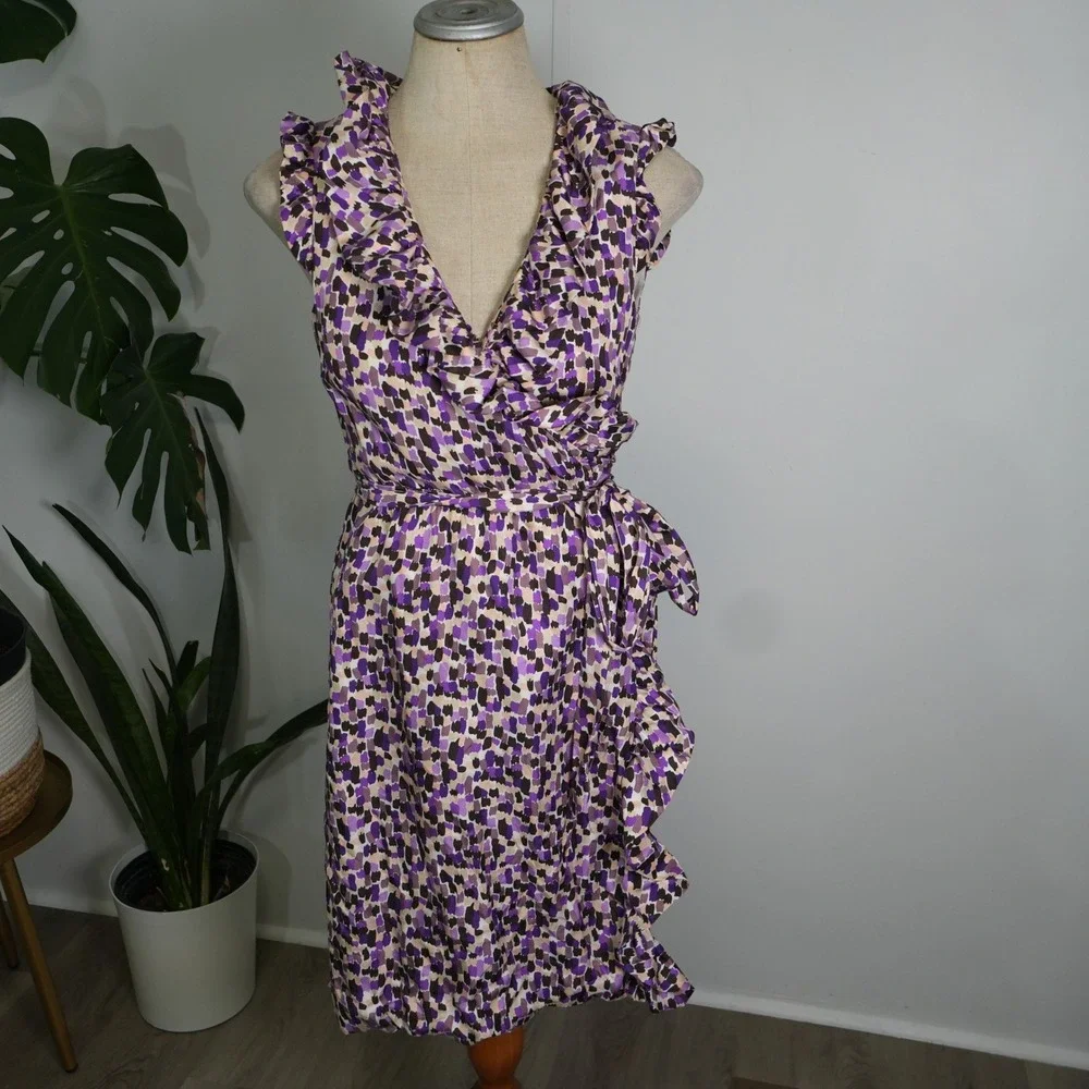 Kate Spade Silk Wrap Dress Womens 8‎ Purple Abstract Ruffle NJMU1851 Brushstroke